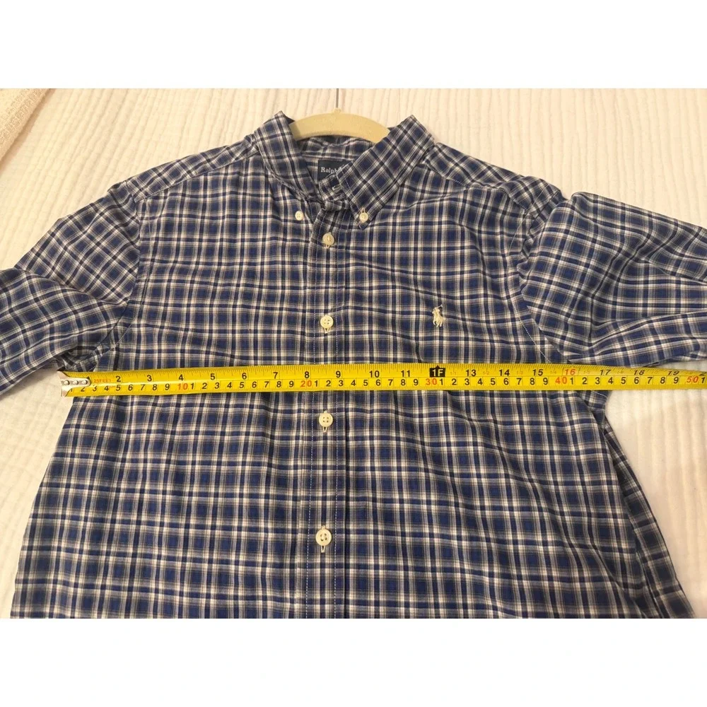 Ralph Lauren Boys Blue White Plaid Button Down Shirt Size L 14-16 Cotton Pony